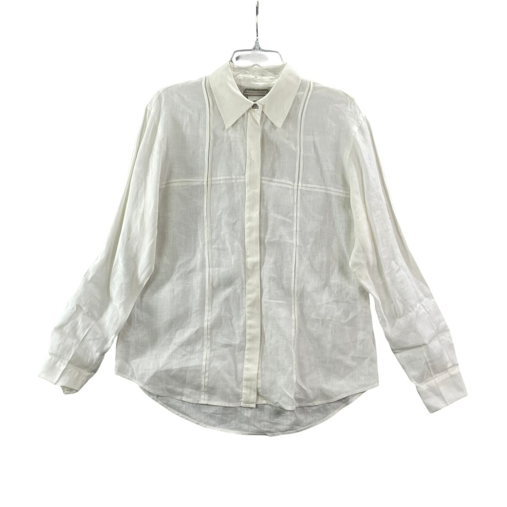 Coldwater Creek Linen Button Front Shirt Womens Medium White Paneled Long Sleeve